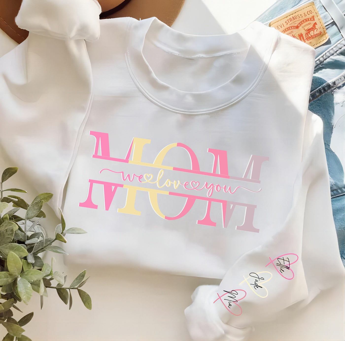 Personalized Wear Heart On Sleeve Mama we love you Sweatshirt with Kid Names on Sleeves-Mother's Day Sale (Customized free)