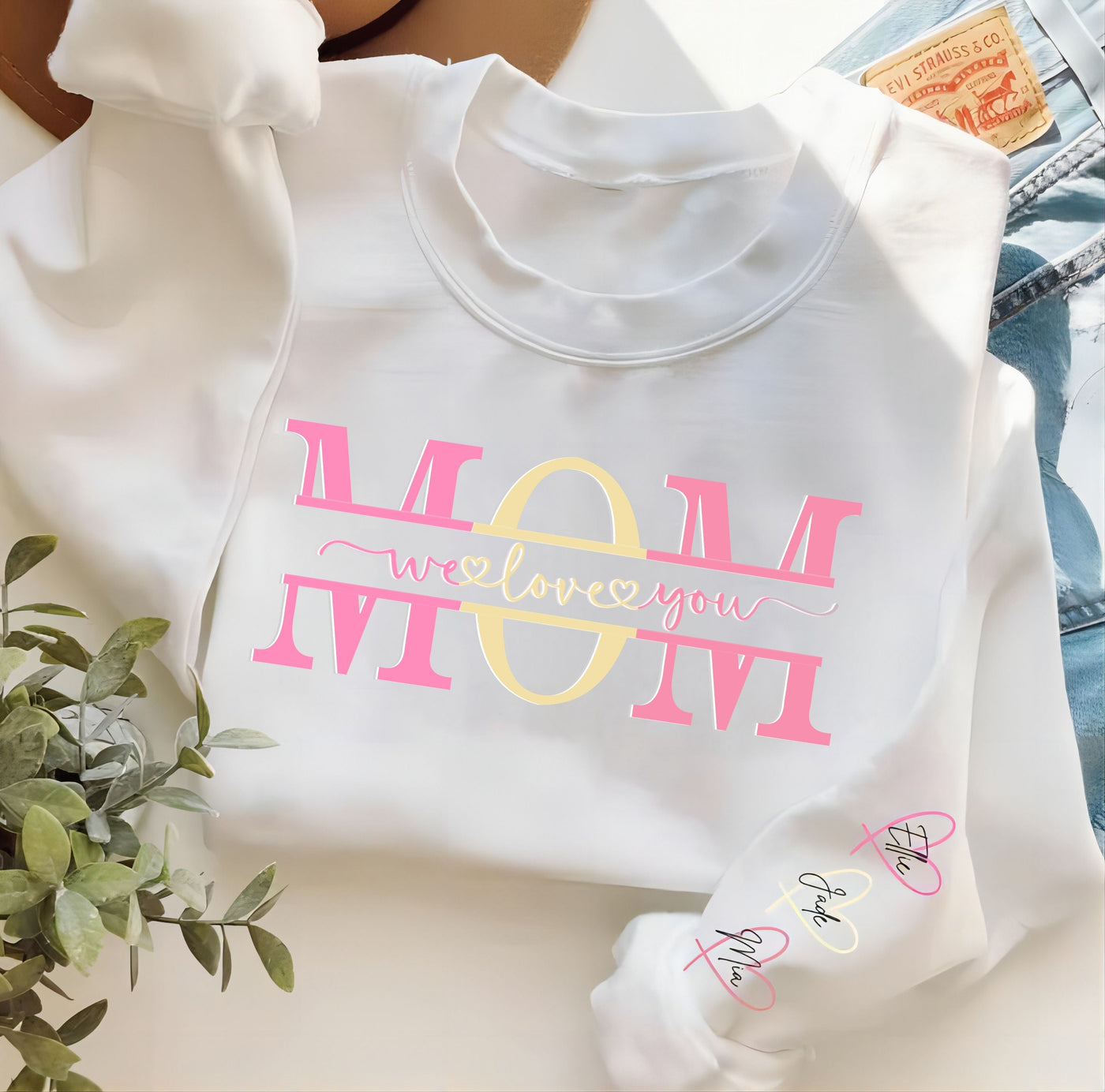 Personalized Wear Heart On Sleeve Mama we love you Sweatshirt with Kid Names on Sleeves-Mother's Day Sale (Customized free)