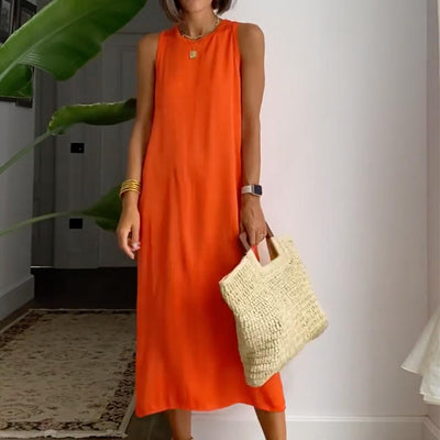 Orange Sleeveless Plain Midi Dress