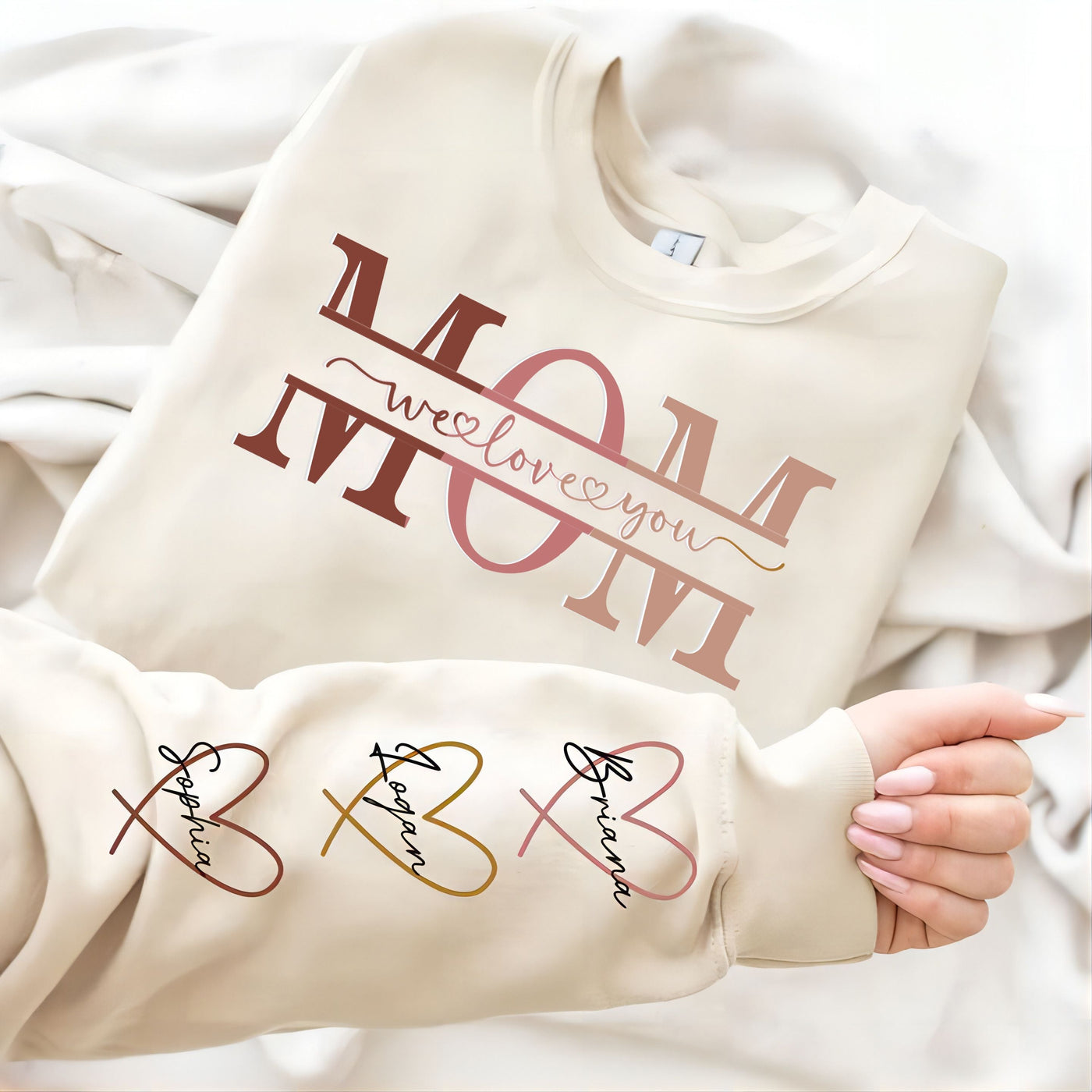 Personalized Wear Heart On Sleeve Mama we love you Sweatshirt with Kid Names on Sleeves-Mother's Day Sale (Customized free)