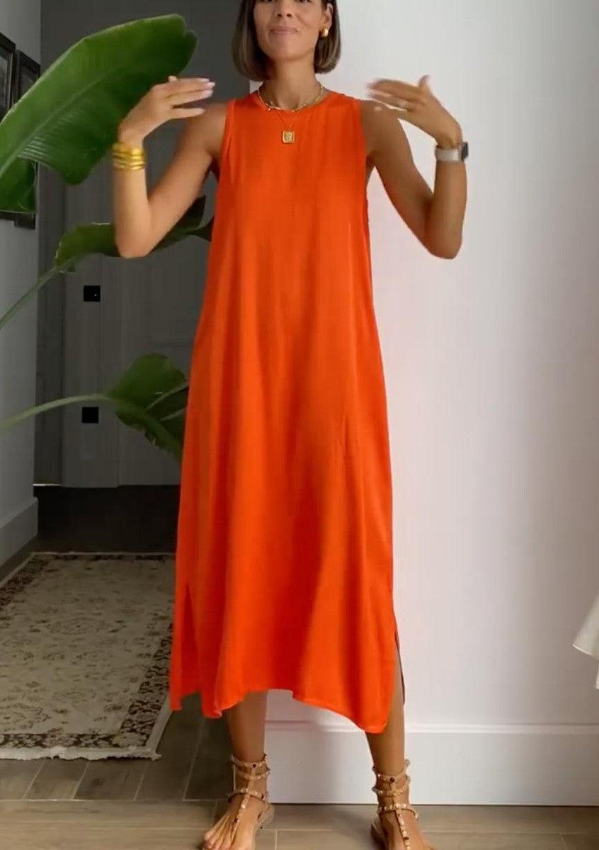 Orange Sleeveless Plain Midi Dress