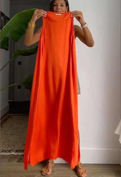 Orange Sleeveless Plain Midi Dress