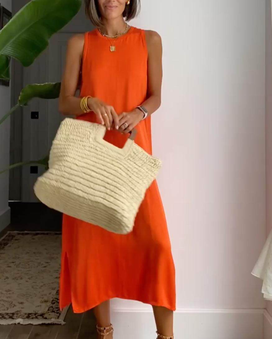 Orange Sleeveless Plain Midi Dress